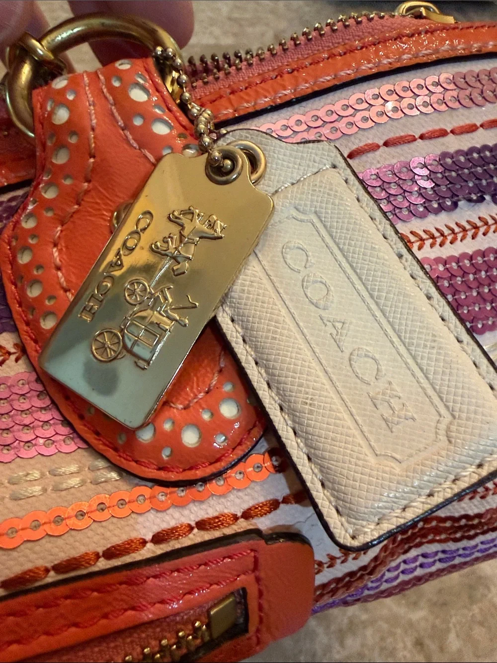 Coach Poppy Y2K  Pink, Purple, and Orange Sequined Leather-Trim Tote/Satchel